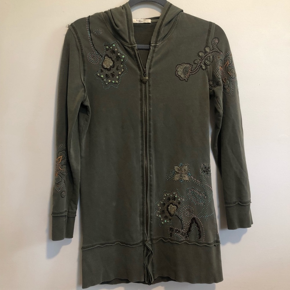 Vertigo Paris, Sage Green Embroidered Zip Up Hooded Jacket. Size Small.
